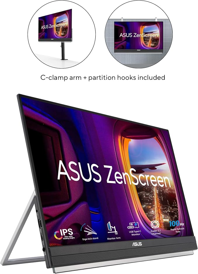 ASUS ZenScreen MB229CF 22 Inch 1080p 100Hz, USB-C Portable Monitor | USB-C 60W, C-clamp Arm, Speakers, Partition Hook, Kickstand, IPS, Subwoofer, Carrying Handle ,Display for MacBook and PC - Image 2