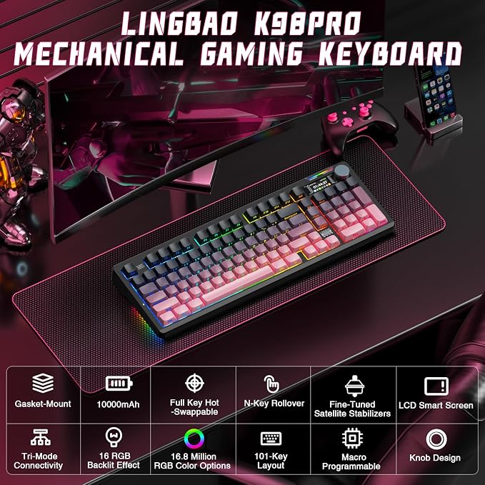LINGBAO K98 PRO Wireless Mechanical Gaming Keyboard with Screen & Knob | Tri-Mode BT5.0/2.4G/USB-C, Gasket Mount Hot Swappable Linear Switches, RGB Backlit Creamy Sounding for PC/Mac Office& Gaming - Image 2