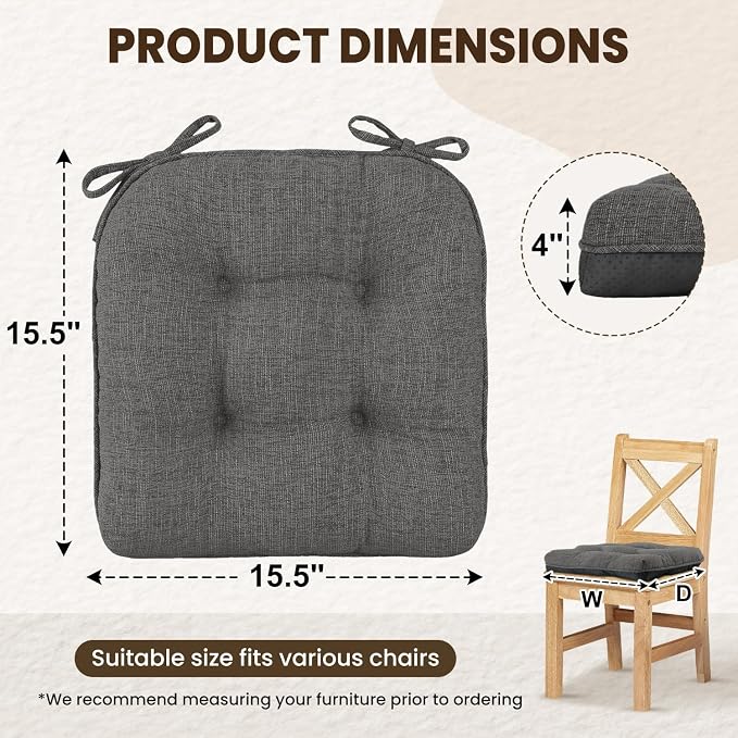downluxe Indoor Chair Cushions for Dining Chairs, Tufted Overstuffed Textured Kitchen Chair Pads with Ties and Non-Slip Backing, 15.5" x 15.5" x 4", Dark Grey, 6 Pack - Image 2