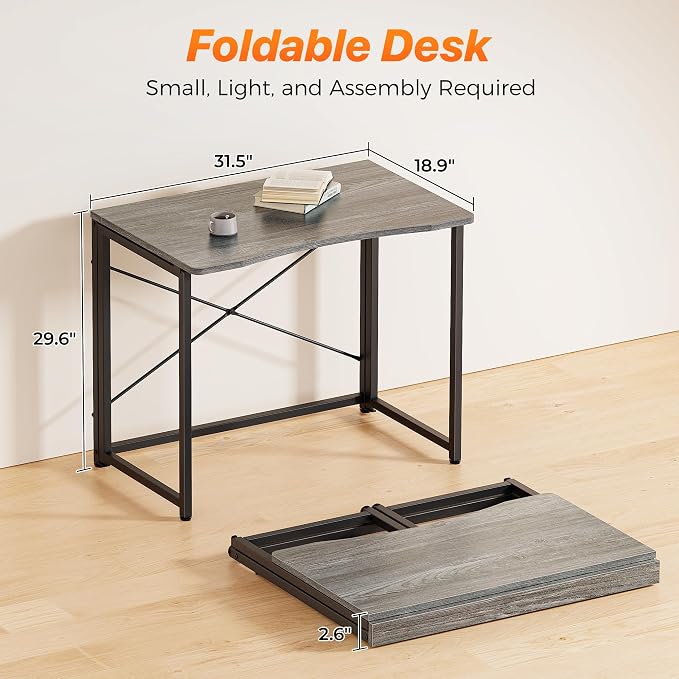 Huuger Folding Desk for Small Spaces, 31.5 Inch Foldable Computer Table | Easy Assembly, Small Writing Work Office Computer Desk, for Home Office, Study, Bedroom, Dorm, Space Saving, Grey - Image 2