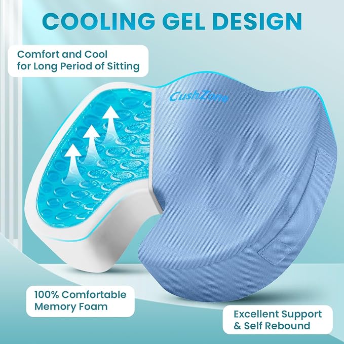 Gel Seat Cushion, Enhanced Memory Foam Cushion for Tailbone Pain, Blue | Cooling Gel for Office Chair, U-shaped Design Chair Cushion for Gaming, Car, Wheelchair, Non-Slip Base, Washable Cover - Image 2