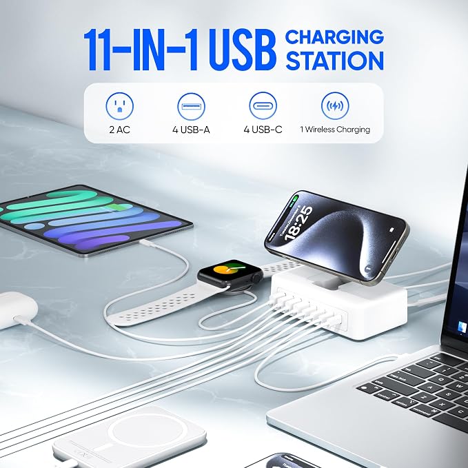 300W USB Charging Station, 11-in-1 USB C Power Strip Surge Protector, 2AC Outlets & 8USB Ports, 5ft Flat Plug Extension Cord with Multiple Devices, Desktop Charger for Home Office Desk - Image 2