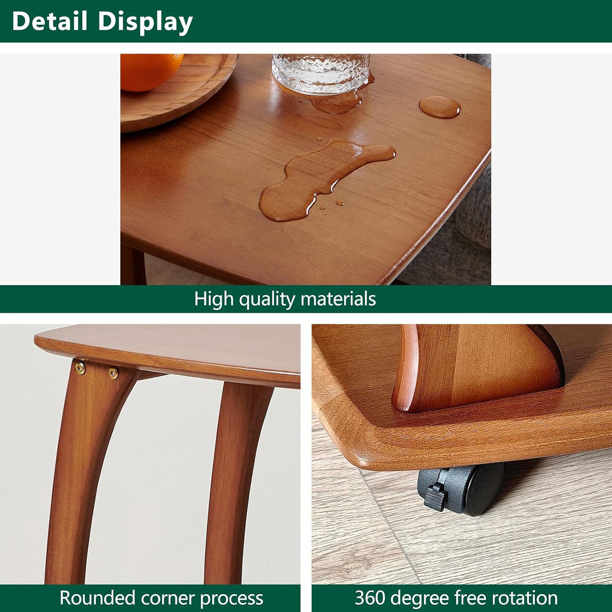 Solid Wood C Shaped End Table with Wheels,Walnut Color(13.7"W) - Image 4