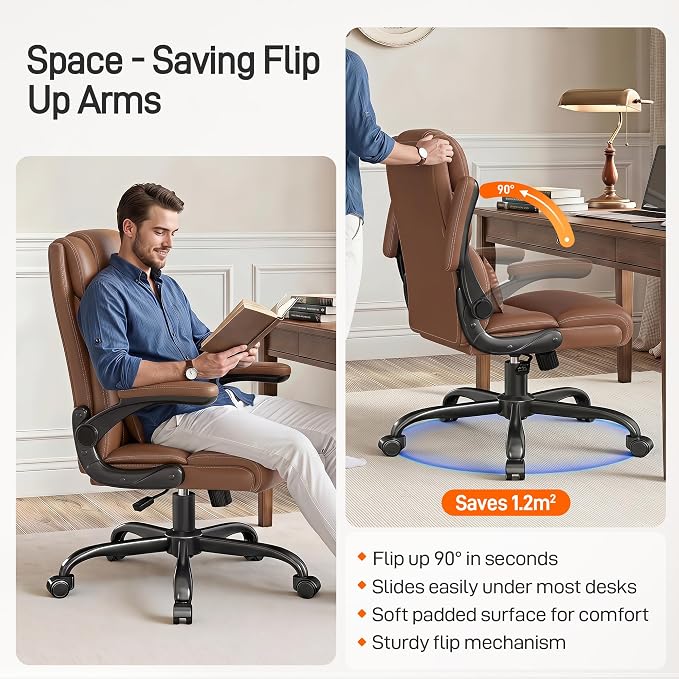 Office Chair, Executive Mid-Back Computer Desk Chair with Flip-up Armrests | 300 Lbs Ergonomic Leather Swivel PC Chair with Rock Function for Working Studying (Brown) - Image 4