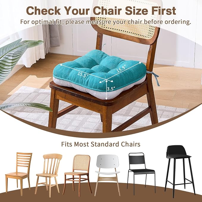 BETU Chair Cushions for Dining Chairs Set of 6,3.5" Thick Kitchen Table Chair Pads with Ties,Non Slip Backing and Covers, Seat Cushion for Dining Room,Bar,Patio Chairs,15.5"X15.5"X3.5",Teal - Image 4