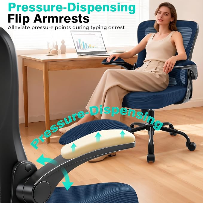 Office Chair - Ergonomic Breathable Mesh Desk Chair with Adjustable Lumbar Support and Flip-up Armrests - Executive High Back Rolling Swivel Comfortable Computer Gaming Chair for Home Office - Image 7