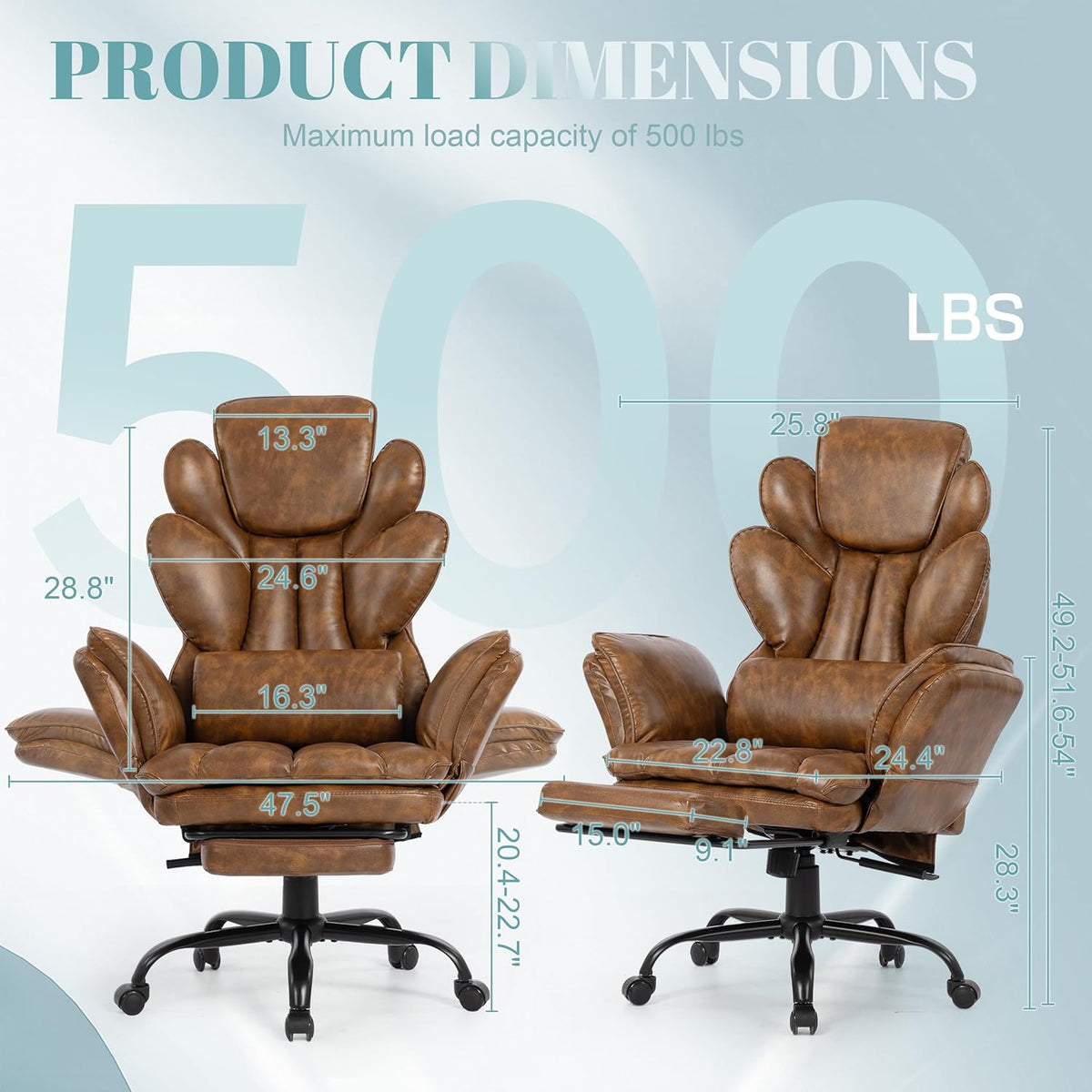 Flip Armrests Criss Cross Office Chair, Reclining Office Chair with Foot Rest, Adjustable Headrest, Massage Waist Pillow, Cross Legged Big and Tall Desk Chair Wide Seat Vanity Chair, Brown PU Leather - Image 2