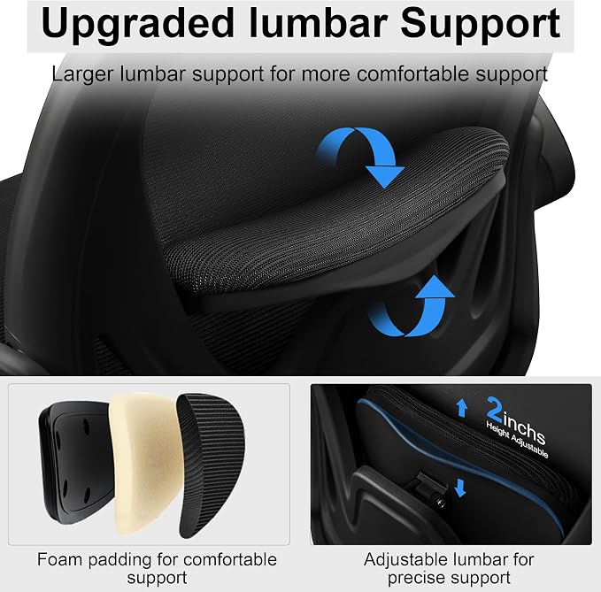Drafting Chair Tall Office Chair with Flip-up Armrests, Adjustable Height, and Enhanced Lumbar Support - Ergonomic Rolling Stool, Back Support, and Adjustable Foot Rest Ring for Standing Desk Black - Image 7