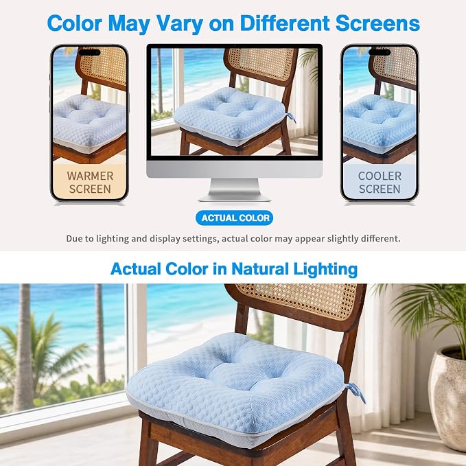 BETU Cooling Chair Cushions Set of 4, 3.5” Thick Seat Cushions,Breathable Comfort Fabric Chair Pads with Non Slip Bottom & Ties, Soft Support Cushion for Kitchen, Office, Patio, 15.5"X15.5"X3.5"Blue - Image 7