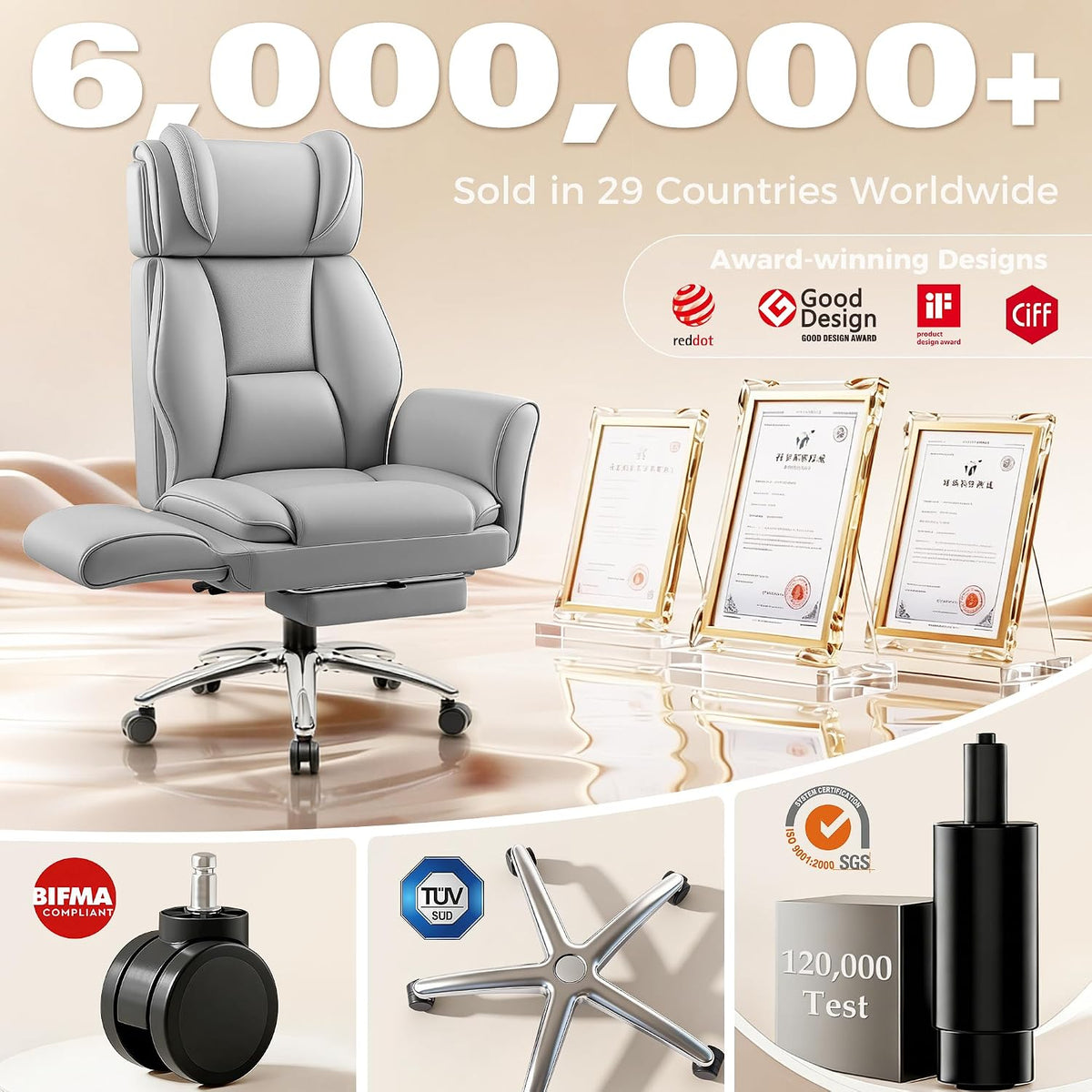 Big and Tall Office Chair, Flip Armrests for Cross Legged Sitting, Ergonomic Leather Executive Desk Chair with Foot Rest, High-Back Reclining Computer Chairs for Office Home Game - Light Gray - Image 3