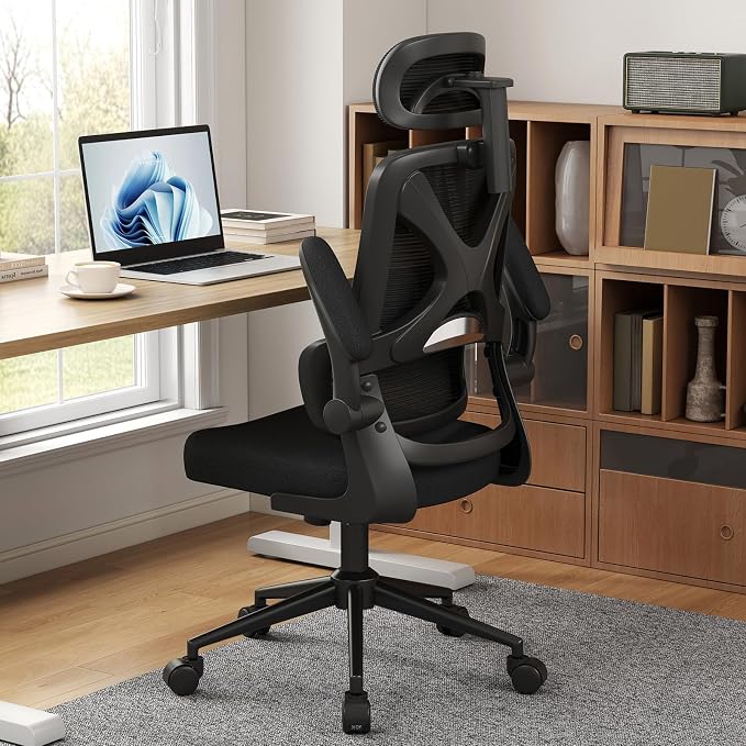 Ergonomic Office Chair - Desk Chair with Adjustable Headrest Lumbar Support Computer Chair - Mesh Comfy Chair with Flip-up Armrests - Gaming Chairs for Adults Home Office (Black+Black) - Image 2