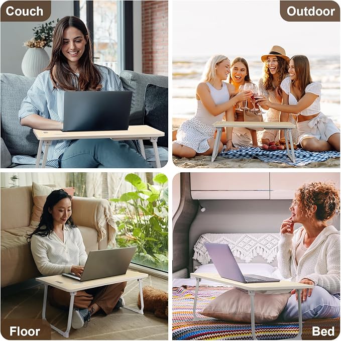 Amaredom Laptop Bed Desk Tray Bed Table, Foldable Portable Lap Desk Notebook Stand Reading Holder with Storage Drawer and Cup Holder for Eating Breakfast on Bed/Couch/Sofa-White Maple - Image 2
