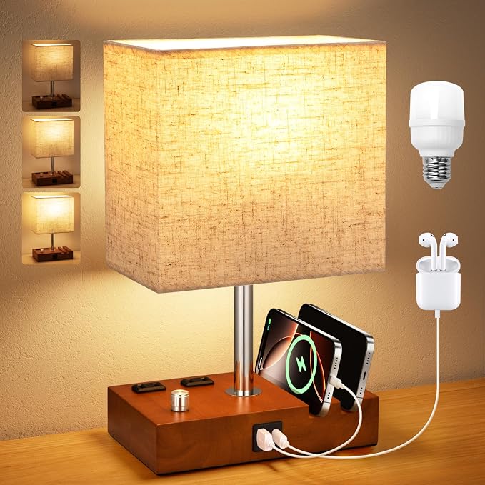 Brown Wood Grain Bedside Lamp - Stepless Dimmable, USB C+A, 2 AC Outlets | Dimming By Rotary Knob, USB C+A Ports, 2 Phone Stands, LED Bulbs Included, Rectangle Beige Lampshade, for Living Room, Desk by KakanuoLightings