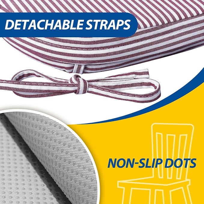 AAAAAcessories D-Shaped Chair Cushions, 2" Thick Dining Chair Pads with Ties and Removable, Machine-Washable Cover, 17" x 16", Set of 6, Pinstripe Red - Image 5