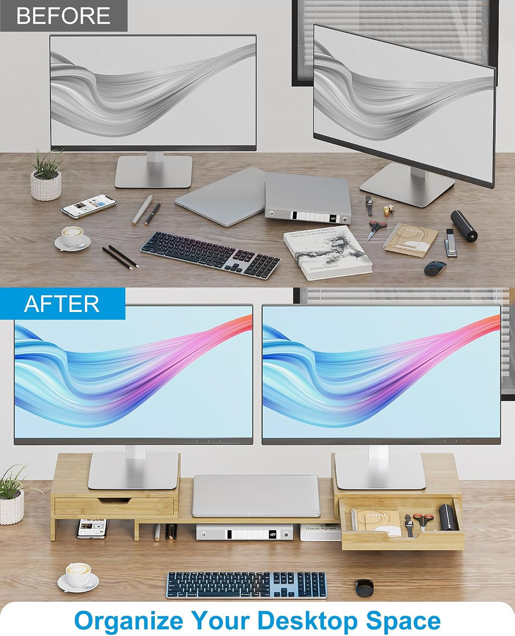 Epesoware Dual Monitor Riser with Two Drawer for Desk, No Assembly Required - Image 5