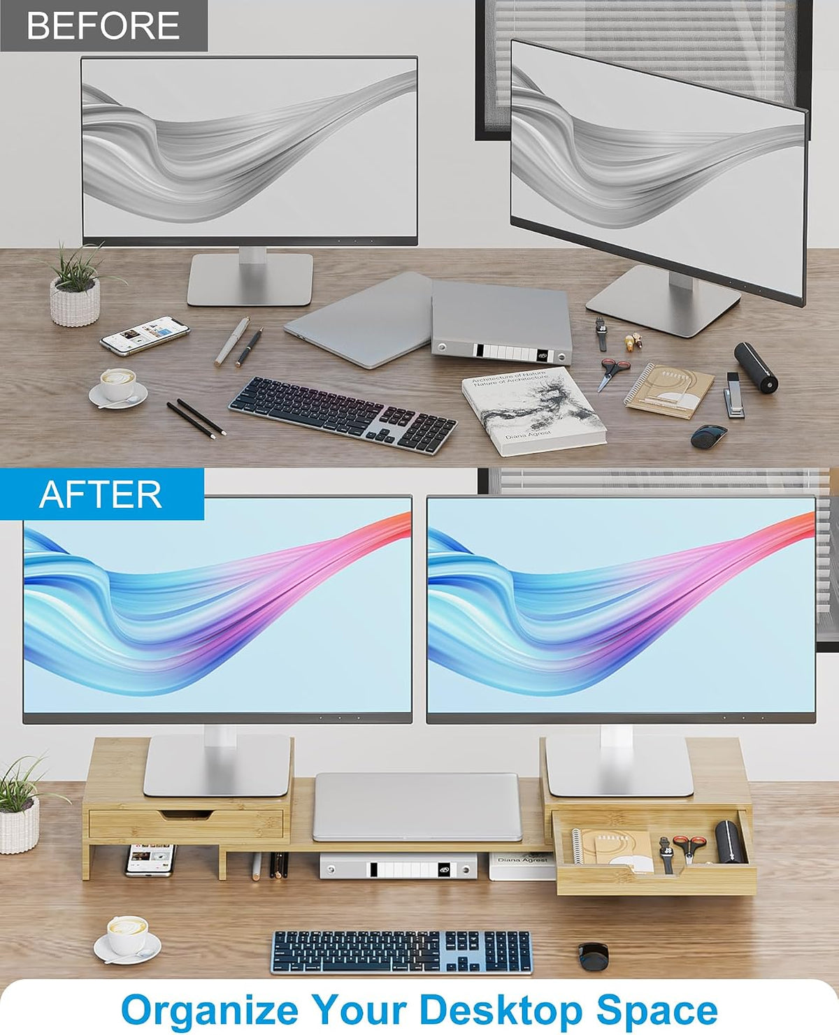 Epesoware Dual Monitor Riser with Two Drawer for Desk, No Assembly Required - Image 5