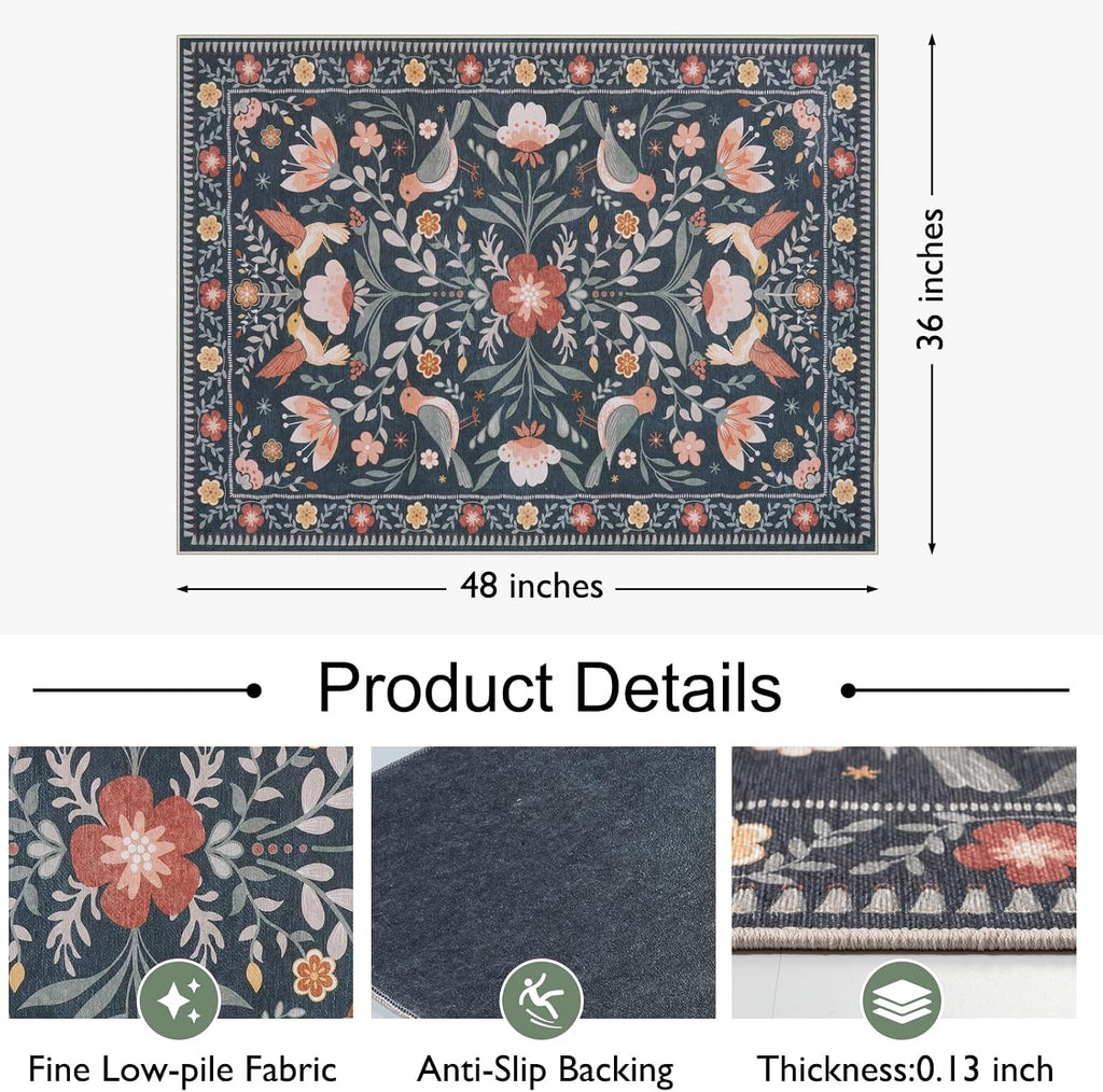 36"x48" Office Chair Mat for Hardwood Floor, Black Floral Computer Chair Mat, Anti-Slip Vintage Under Desk Rug for Office, Low Pile Bird Bug Office Rugs for Rolling Chairs - Image 3