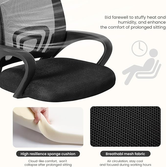 DUMOS Ergonomic Office Chair, Mid-Back Executive Desk Chair 2 Pack | Comfortable Lumbar Support, Breathable Backrest, Fixed Armrest, Height Adjustable, 360° Swivel, Computer Gaming, Black - Image 5