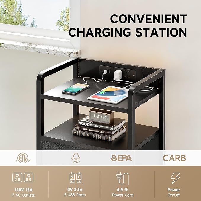 Lazzanto Nightstand with Rear Charging Station, LED Light, 4 Drawers, Black | Industrial Nightstand, 2 USB-A Ports & AC Outlets, Raised Back Guard, Fabric Storage Drawers, Bedside Table for Bedroom, Dorm - Image 5