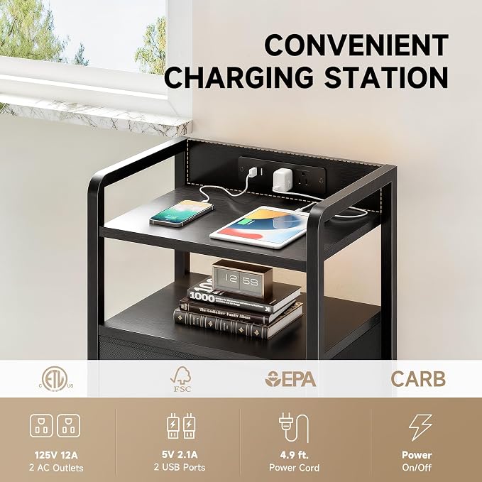 Lazzanto Nightstand with Rear Charging Station, LED Light, 3 Drawers, Black | Industrial Nightstand, 2 USB-A Ports & AC Outlets, Raised Back Guard, Fabric Storage Drawers, Bedside Table for Bedroom, Dorm - Image 5