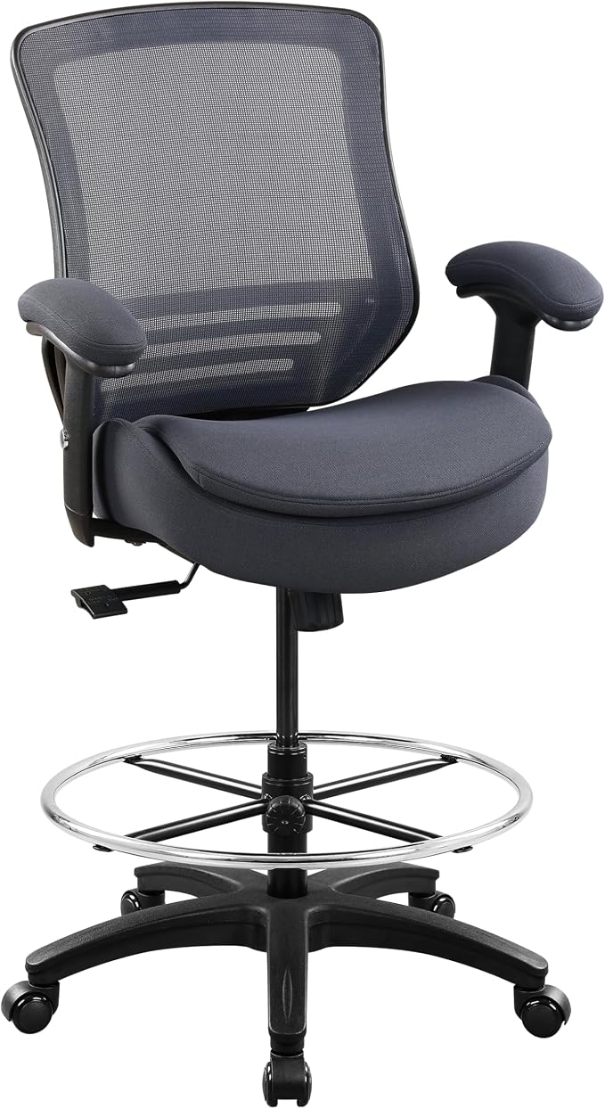 400lbs Office Drafting Chair Wide Dual Seat Cushion Height Adjustable Armrest for High Standing Desk with Lumbar Support and Enlarged Adjustable Footrest (Black Frame Gray Fabric) by WITTLONG