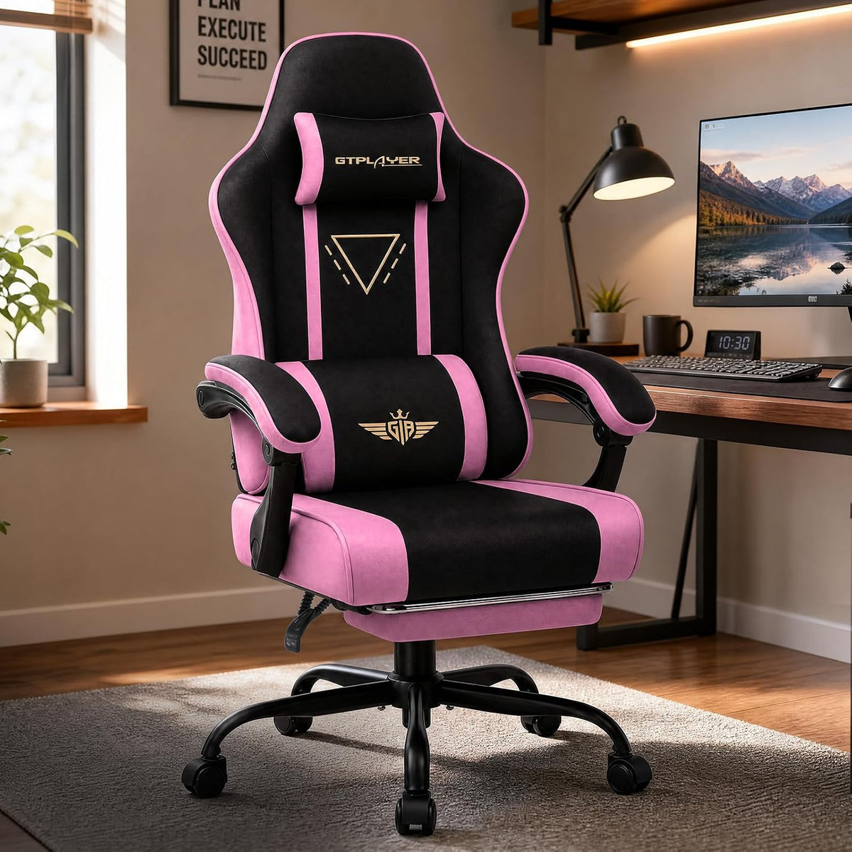 GTPLAYER Video Gaming Chair Fabric, Ergonomic Computer Chair with Footrest and Pocket Spring Cushion, Height Adjustable Video Gamer Chair with Lumbar Support for Adults, Pink - Image 2