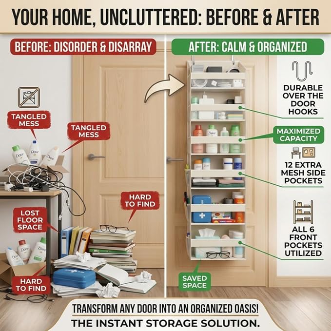 HOMELUX THEORY Over the Door Organizer, 6-Tier, 100D Fabric, Ivory 1pc | Over the door shoe organizer, 50 lbs capacity, 12 side mesh pockets, 100D extra thick fabric, Closet & entryway storage - Image 5