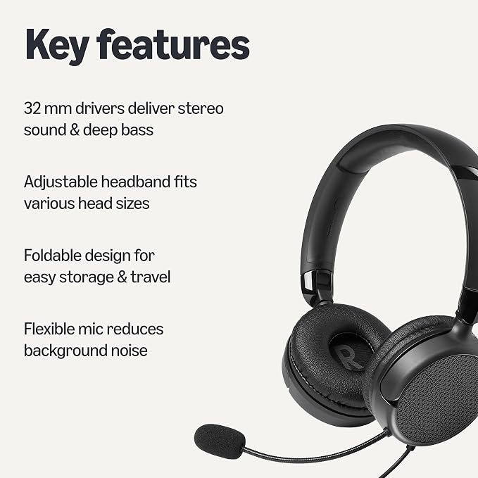 Amazon Basics On Ear Wired Computer Headset with Adjustable Microphone, 3.5mm Port or in-Line Control with USB-A Port, Foldable, Clear Sound, Small/Medium Size, Black (Pack of 2) - Image 2