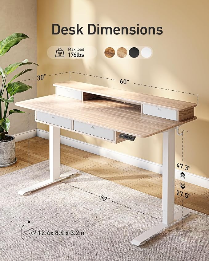 CubiCubi 60" x 30" Standing Electric Desk with Drawers, Light Rustic Brown | Height Adjustable Workstation, Computer Sit Stand Up Office Table with Large Storage Shelf, 4 Drawers and 2 Hooks - Image 3