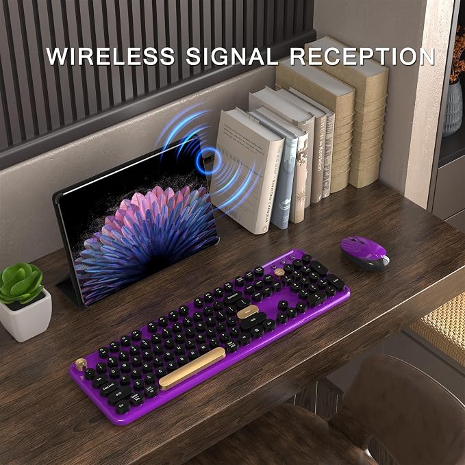 Colorful MPTOG Wireless Computer Keyboard and Mouse Combo (Black-Purple) | Retro Round Typewriter Keycaps, Power Switch, Ergonomic Design, 2.4GHz Wireless for Windows, Mac, PC - Image 2