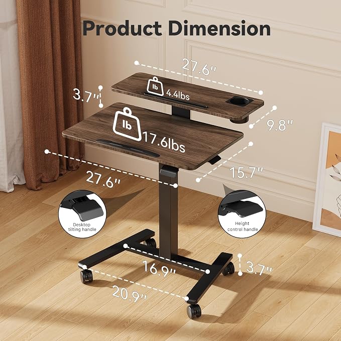 28" Mobile Standing Desk, Tiltable Top with 2-Tier Shelves, Walnut | Pneumatic Rolling Desk, Adjustable Height Computer Workstation, Sit Stand Portable Drafting Table & Laptop Cart on Wheels - Image 2