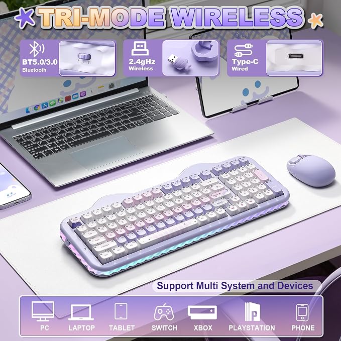 YUNZII C98 Cute Wireless Mechanical Keyboard(Purple Mao, Candy Switch) | Cake Keyboard,99 Keys with Number Pad, MAO Keycaps, BT5.0/2.4G/USB-C,Hot Swap, Gasket Mount, Custom RGB Backlight for Win/Mac - Image 3