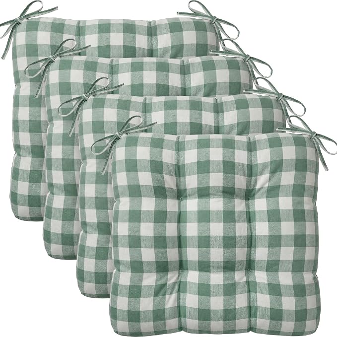 Geetery 4 Pack Chair Cushions, 16" x 15",Bean Green and White,Plaid by Geetery