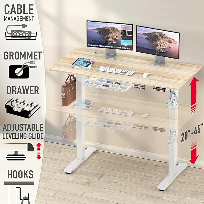 SHW 55 x 28 Electric Height Adjustable Standing Desk w/Drawer, Maple | w/ Memory Presets and Cable Management | Drawer with adjustable compartments | Hanging Hooks - Image 4