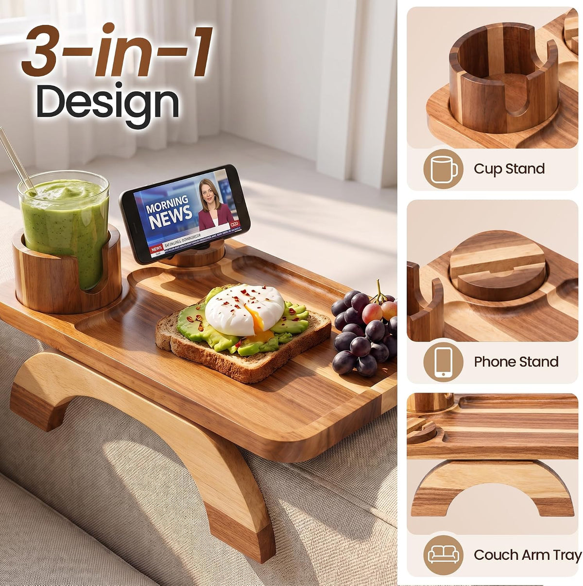 Couch Armrest Table, Acacia Sofa Arm Tray, 15.35"x9.84", Natural - Image 7