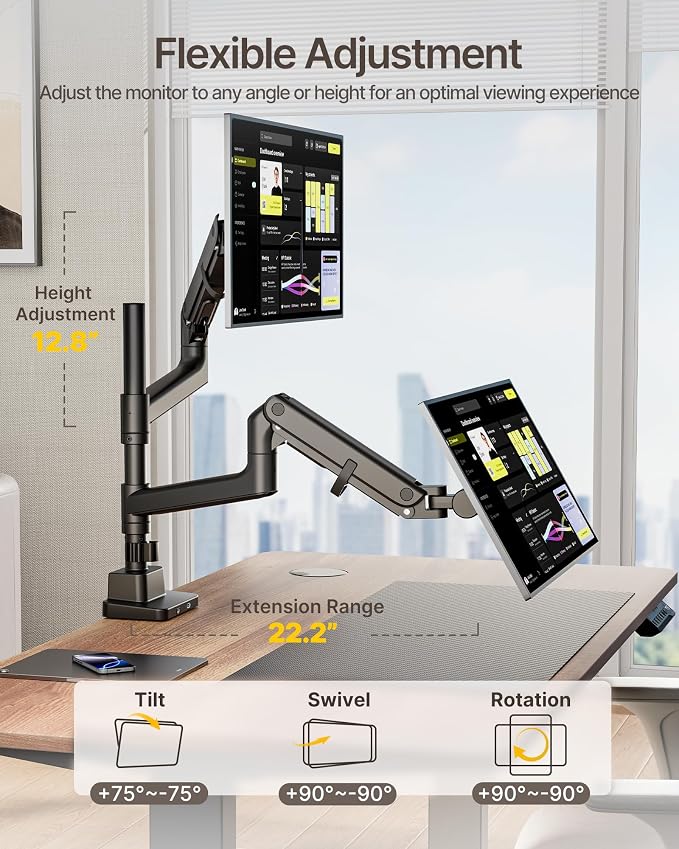 monTEK Dual Monitor Arm, Vertical Stackable 57", Heavy Duty with USB Black | Vertical Stackable Gas Spring Arm For 17–57" Ultrawide Monitors,Up To 59.4 Lbs Each, 75/100 VESA Mount with USB 3.0A/C - Image 5