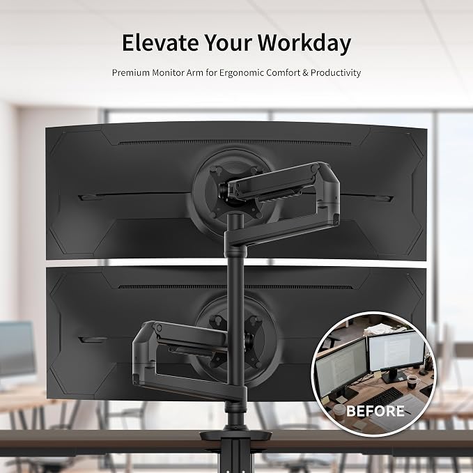 Ergounion Dual Monitor Mount, Holds Screens up to 40 Inches and 25 lbs, Fully Adjustable Dual Monitor Arm with C-Clamp and Grommet Base, Aluminum, Black - Image 4