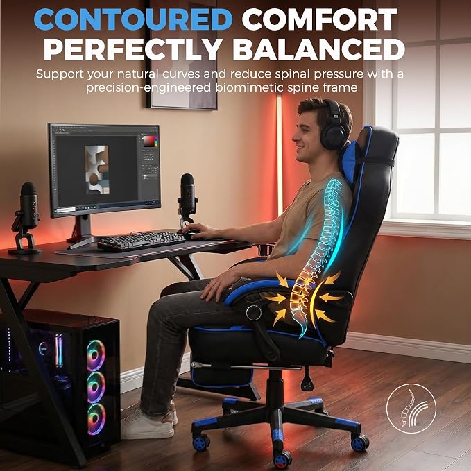 GTPLAYER Gaming Chair with Footrest, 350LBS Big and Tall Office Chair, Ergonomic High Back Lumbar Support and Recliner for Back Pain Relief, Blue - Image 6