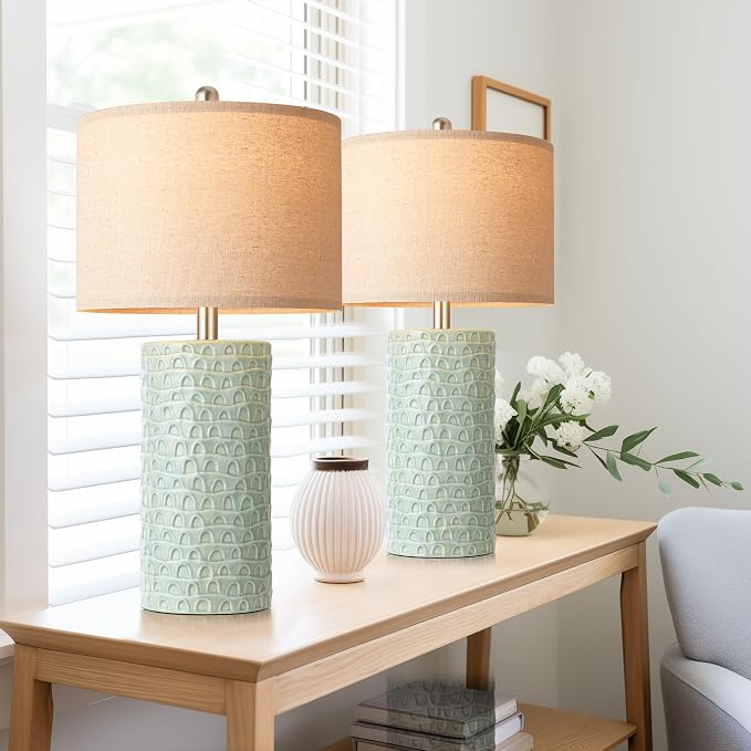 23" Modern Ceramic Table Lamp Set of 2, Table Lamps for Living Room, Rustic Farmhouse Bedside Lamps Nightstand lamp for Bedroom, Desk Lamp for End Table Home Decor Light Green - Image 8