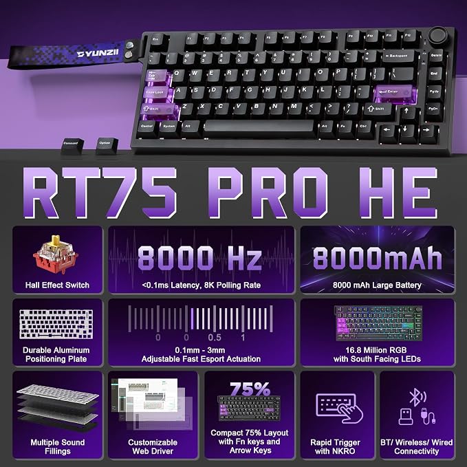 YUNZII RT75 PRO Dual 8K Wireless Gaming Keyboard (Black,Red Switch) | Hall Effect Magnetic Switches & 128KHz Scan Rate,BT/USB-C/2.4G, RGB, Hot-Swappable, CustomizableTGL/SOCD/DKS/MT for Gamers - Image 2