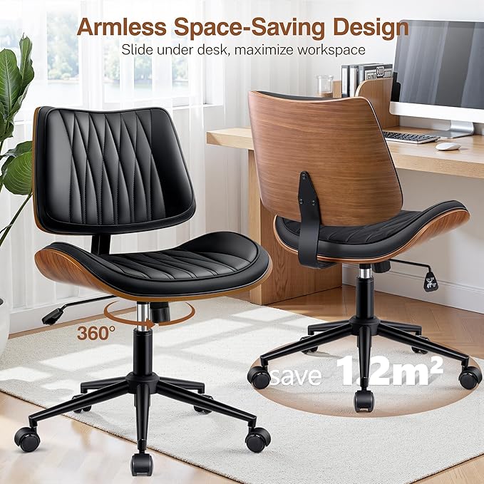 Ergonomic Armless Office Desk Chair - Mid-Century Modern Black Faux Leather with Diamond Stitch, Adjustable Height Swivel Rolling Task Computer Chair with Walnut Accent for Home Office, Study & Work - Image 4