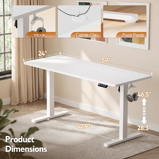 Monomi 59" Electric Standing Desk,Adjustable Height Sit Stand Up Desk,White | Ergonomic Home office Computer Desk Workstation,Gaming Desk with Memory Height,Headphone Hooks,Anti-Collision - Image 2