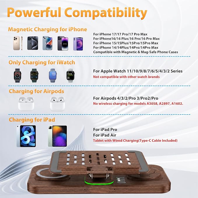 Wireless Charging Station for Apple Devices, Only for Apple Watch Charging | Included Type-C Cable for Tablet Charging, Foldable Wireless Charging Station, Cycling Ambient Lights, Time Clock Display - Image 4