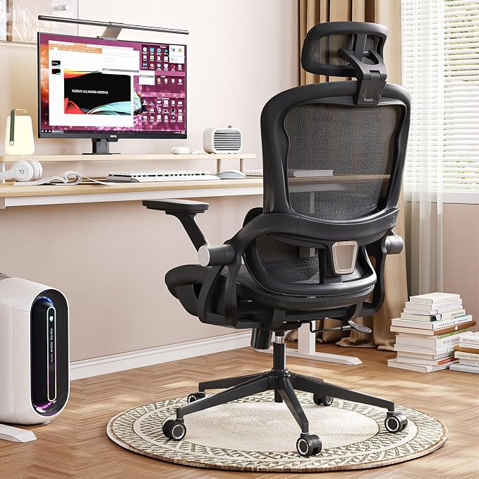 Office Chair Ergonomic Desk Chair with Lumbar Support&Headrest&Flip-up Arms Height Adjustable Rocking Swivel High Back Computer Chair Multi-Angle from 90° to 130° with 350LBS Capacity(04black) by Monhey-EasyErgonomicChair