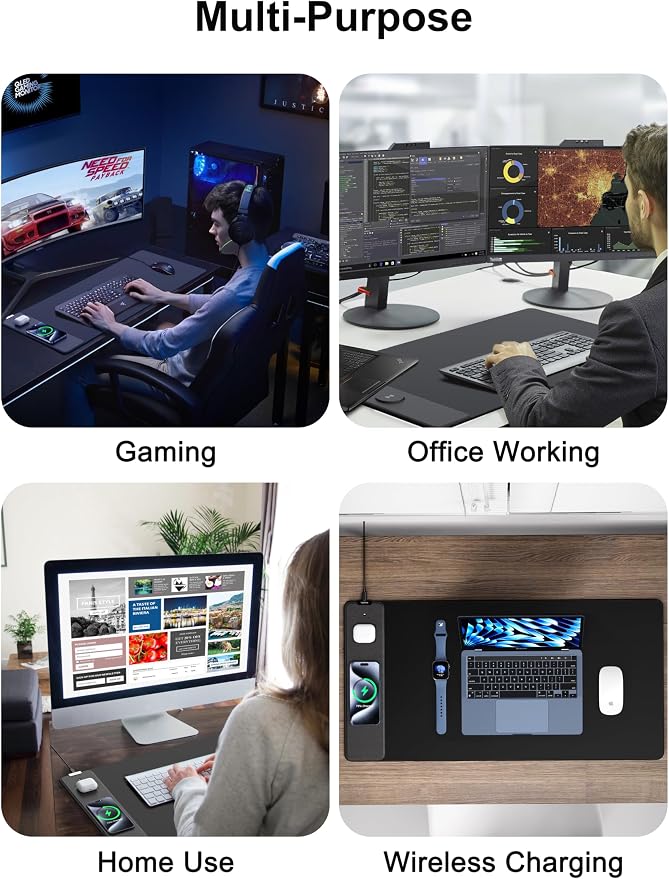 TopMade Wireless Charging Mouse Pad, Gaming Mousepad Home Office Large Desk Pad with Ultra-Smooth Surface, Non-Slip Base, Waterproof Keyboard Mat (Includes 20W PD Power Adapter & 6.56ft Woven Cable) - Image 7