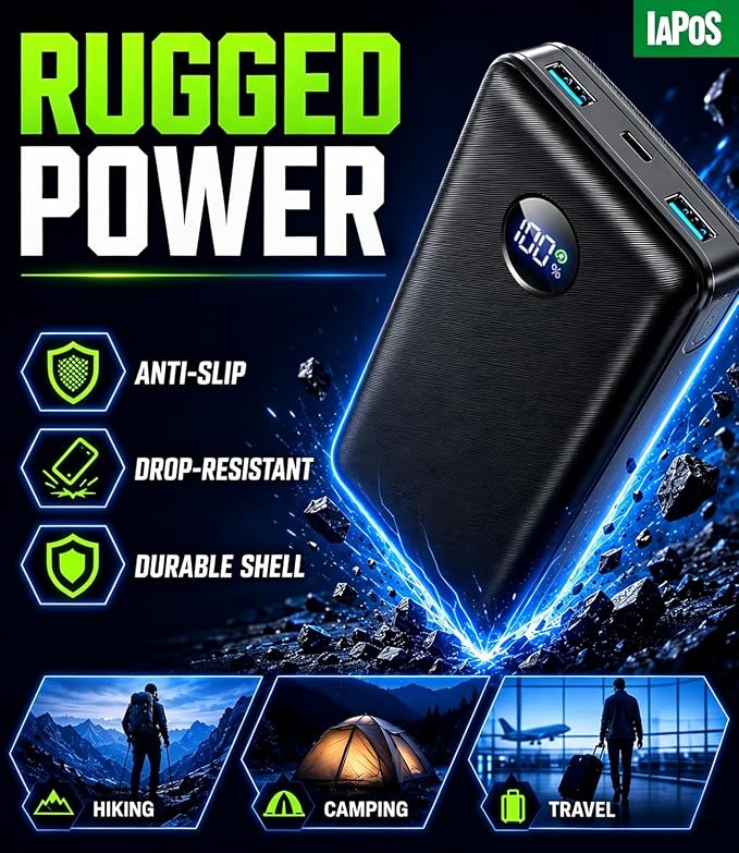 IAPOS Portable Charger 60000mAh, 5-Device Charging Power Bank Battery Pack | 22.5W PD Fast Charge, 3-in-1 Cable(USB-C/iOS/Micro-USB), High-Capacity, LED Display, for iPhone/iPad/Android, Camping/Outdoor - Image 6