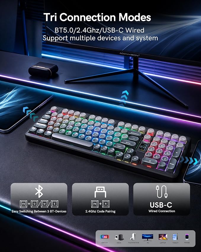 Keymatic Foundation Mechanical Keyboard,98% Pink Creamy Keyboard Gaming Keyboard,3 Mode with Multimedia Screen,RGB Backlit,Jelly MOA Profile keycaps for Win/Mac,Grey - Image 5
