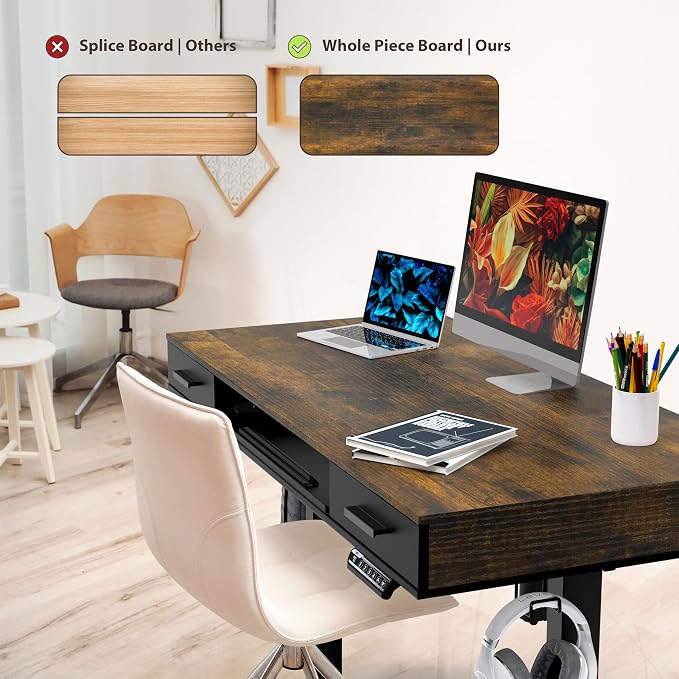 SHW 48-Inch Electric Height Adjustable Desk w/Keyboard Tray, Rustic Brown | w/ 2 Drawers | Memory Presets and Cable Management | Hanging Hooks - Image 2