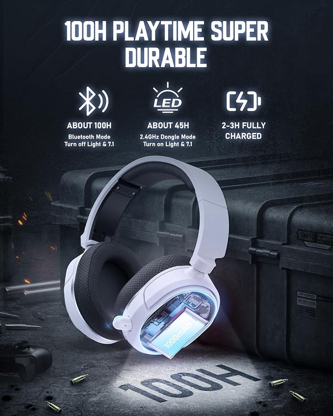 Wireless Gaming Headset, 7.1 Surround Sound, 2.4GHz USB Gaming Headphones with Bluetooth 5.4, 100H Battery, ENC Noise Canceling Mic, RGB Light, Wireless Headset for PC PS5 PS4 Mac Switch (Black-White) - Image 4
