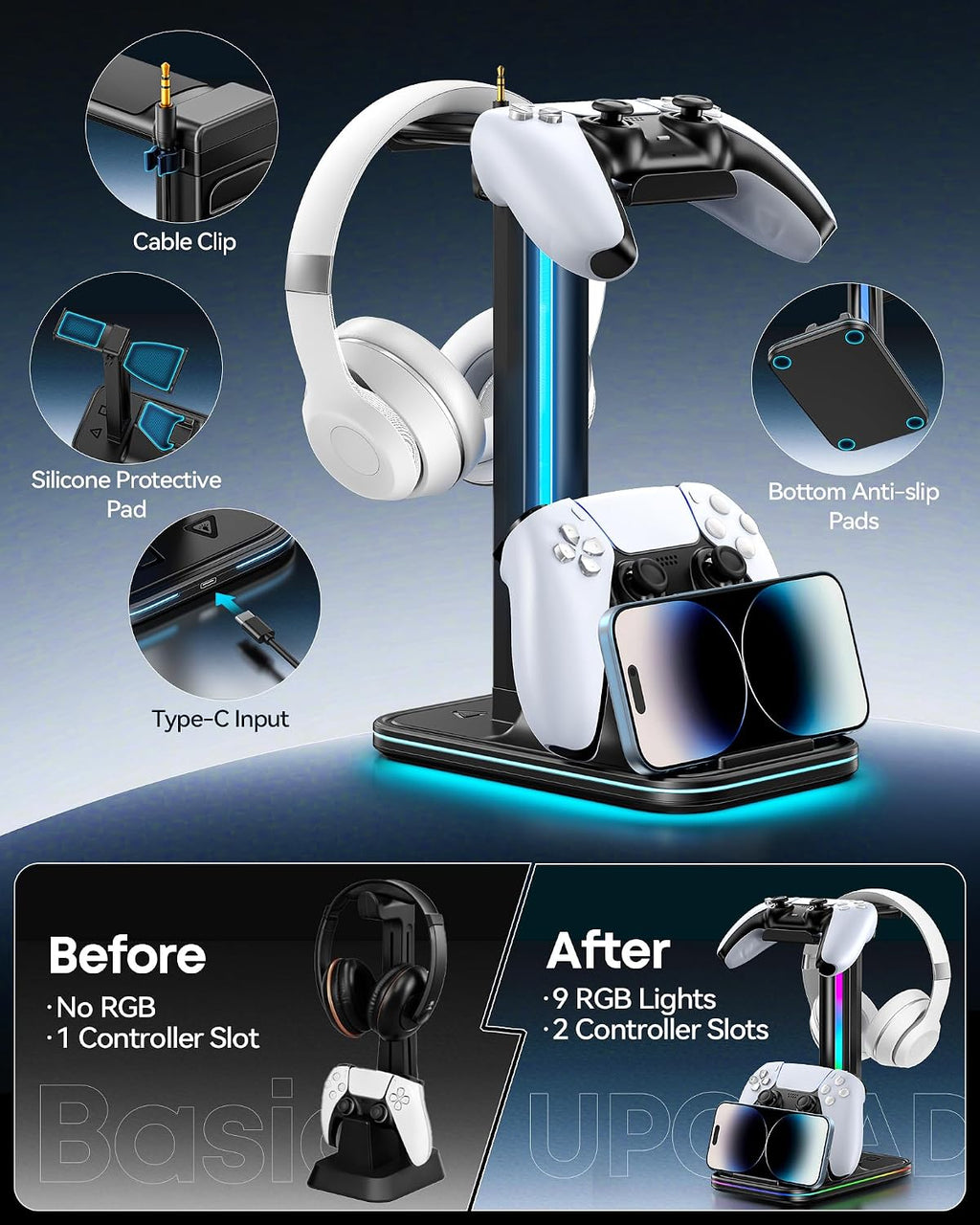 Kytok 4-in-1 Headset and Controller Stand for Desk, 360° Rotating Headphone Stand with Phone Holder, 10 RGB Modes for Accesorios de Mesa Gamer, P5/SW/Xbx Levitating Gaming Headset and Controller Stand - Image 5